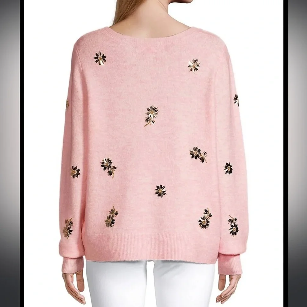 Lilly Pulitzer Soft Pink Kalaya Sweater Gold Bead Sequin Daisy Flowers Sweater